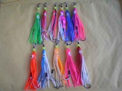 12 piezas. 2 S.S. GANCHOS DE ASISTENCIA #3/0 CON FALDA DE CALAMAR HOOCHIE BAIT & S.S. WIRE LEADER Foto 1 de 4