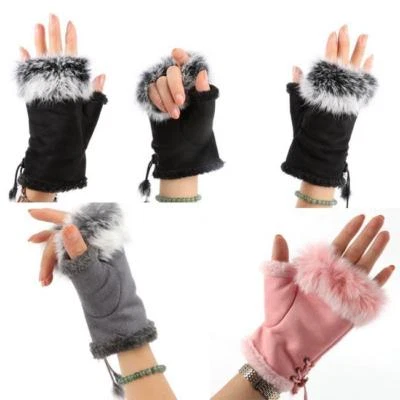 Women Faux Rabbit Fur Hand Wrist Warmer Fingerless Winter Gloves Half Finger FY - Image 1 of 4