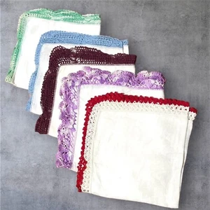 Vintage 5 Handkerchief White With Crochet Lace Trim Edge Border Dresser Scarf - Picture 1 of 11