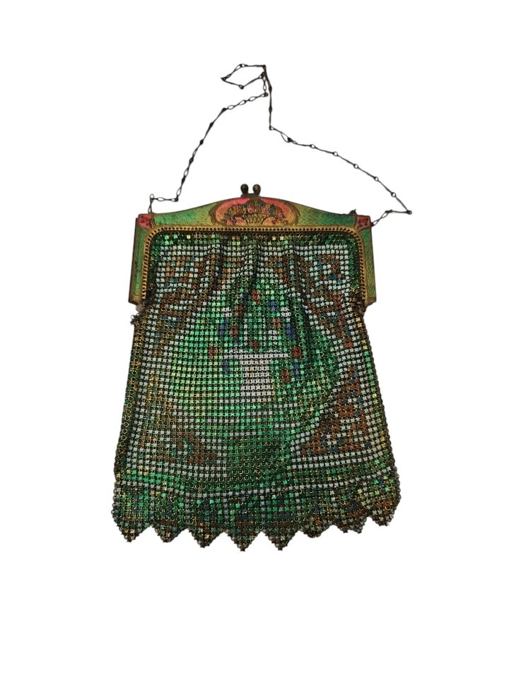 Antique Whiting Davis Mesh Metal Purse Flapper Bag 1920s  Green Abstract Art - Image 1 of 4