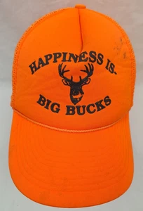 Vintage 80s Hat Happiness Is Big Bucks Hunters Orange Trucker One Size Snap-Back - Picture 1 of 5