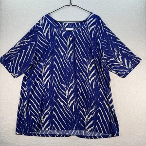 Susan Graver Top Size Large Colour Blue And White Zig Zag Short Sleeve V Neck - Picture 1 of 8