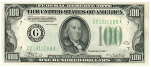Billete de 100 dólares de la Reserva Federal serie 1934 Fr.2152a-G - Sello verde oscuro (63446) - Imagen 1 de 2