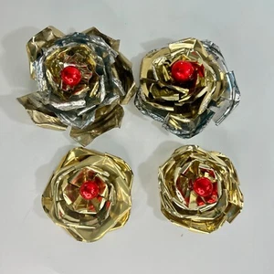 Vintage Tin Can Tramp Art Christmas Ornaments  Set of 4 Rose Flower Ornaments - Picture 1 of 17