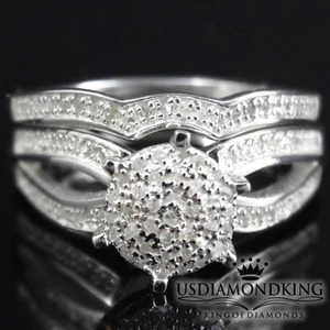LADIES GENUINE DIAMOND WEDDING ENGAGEMENT DUO RING BRIDAL SET WHITE GOLD FINISH - Picture 1 of 15