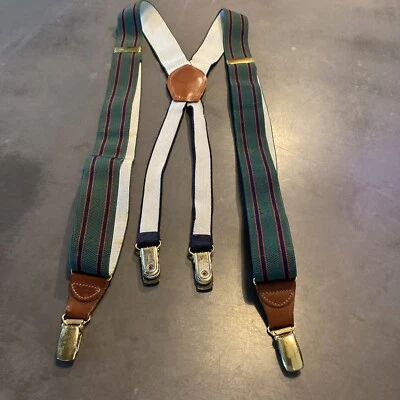Men's Vintage DBMG Green & Navy Adjustable Elastic Suspenders Brass Clips - Image 1 of 4