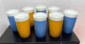 Vintage Therm-O-Ware Sun Frost Tumblers Cups Plastic Set of 8 MCM Blue Yellow - Picture 1 of 8