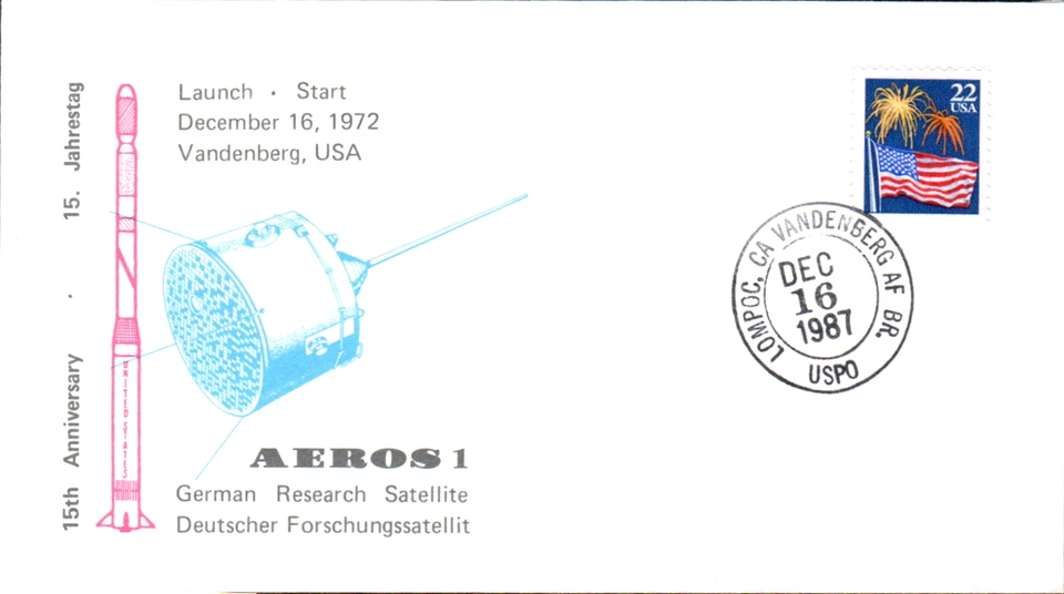 AEROS 1 GERMAN RESEARCH SATELLITE 15TH ANNIV DEC 16 1987 FIRST DAY COVER (FDC) - Image 1 of 1