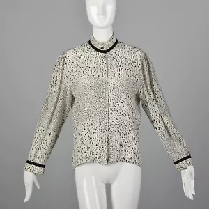 Small 1980s Louis Feraud Printed Blouse VTG White Black Abstract Design Print - Picture 1 of 10