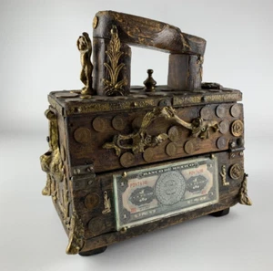 Antique Wooden Shoe Shine Box with Coins Bill Brass Ornaments South America - Picture 1 of 15