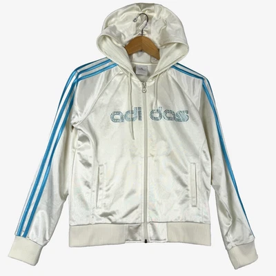 Jaqueta com capuz Y2K Adidas feminina pequena cetim brilho strass joias enchimento zíper - Imagem 1 de 4
