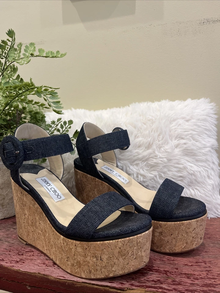 Sandalia de cuña de corcho de mezclilla Jimmy Choo Abigail talla 37,5 Foto 1 de 4