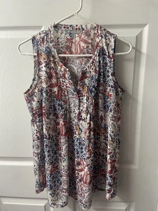 Danielrainn Tank Top Damen großer V-Ausschnitt Plissee Blumen rot blau weiß - Bild 1 von 6