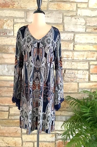 MSK Scarf Bell Sleeves Matte Silky Stretch A Line Navy Paisley Boho Dress M NWOT - Picture 1 of 15