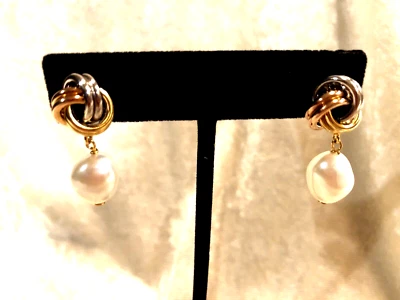 HONORA PEARL LOVE KNOT DROP EARRINGS, TRI-COLOR SS & GOLD PLTD (M4566-24) - Image 1 of 4