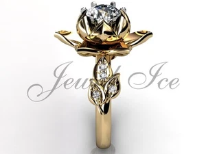 14k Yellow Gold Unique Lab Grown Sapphire Lotus Flower Engagement Ring ER-1076-2 - Picture 1 of 5