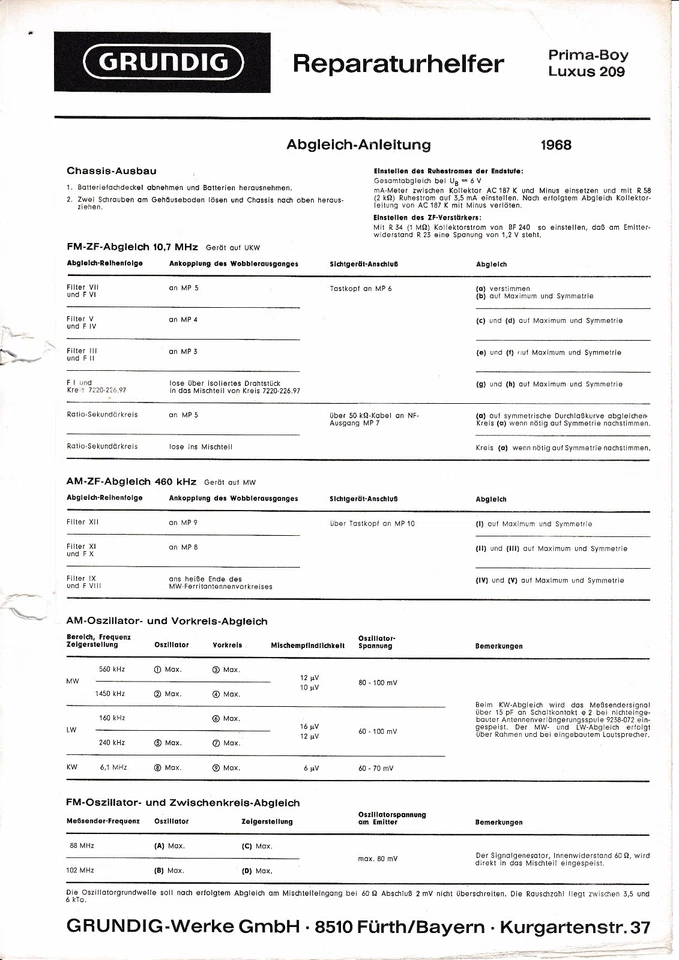 Manual de servicio instrucciones para Grundig Prima Boy Luxury 209 Foto 1 de 1