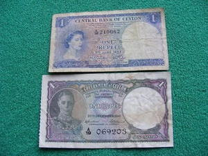 B224 Ceylon Banknotes × 2: 1 Rupee 1941 & 1952 - Picture 1 of 6