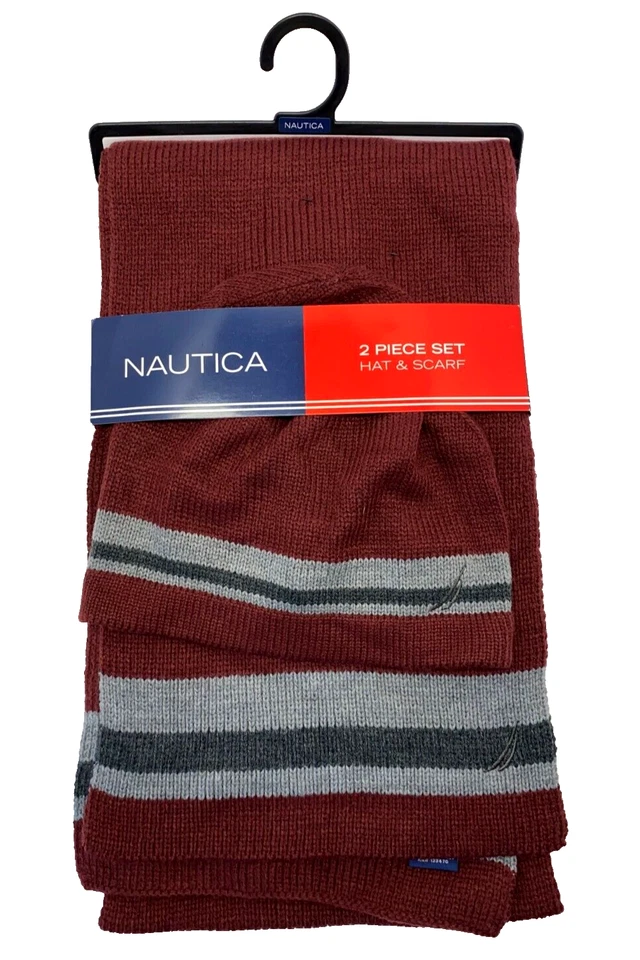 Nautica Beanie Hat & Winter Scarf 2 Piece Set Burgundy Gray Men's One Size