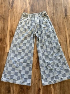 Bibi NWT Women’s High Rise Checkered Wide Leg Jeans Size L Blue F11 - Picture 1 of 4