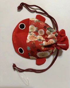 Japanese Chirimen Goldfish Mini Drawstring Pouch Red Kinchaku Bag 17x19cm - Picture 1 of 5