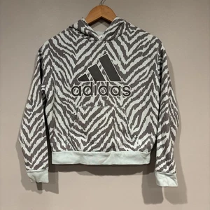 Adidas Pullover Girls Medium 10-12 Years Blue & Gray Hooded Sweatshirt Big Logo - Picture 1 of 4