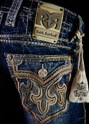 $220 Para Hombres Rock Revival Jean "Benjin" Inserciones de Cuero Delgado Recto 28 X 29 Foto 1 de 4