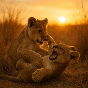 Lion Cubs Digital Download, Wildlife Safari Photography Print, Sunset Wall Art - Picture 1 of 1