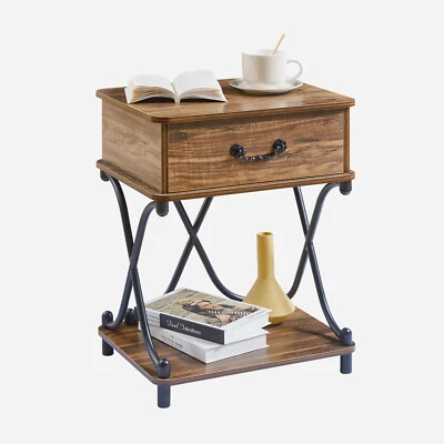 Side End Table Nightstand Storage Shelf with Drawers Bedside Table Metal Frame - Image 1 of 4