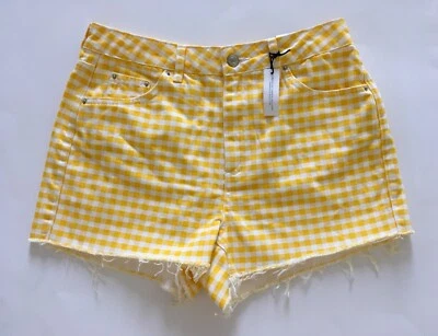 Pantalones Cortos de Jean Topshop Moto Amarillo y Blanco A Cuadros Cintura Alta Corte Mamá Talla 8 Foto 1 de 4