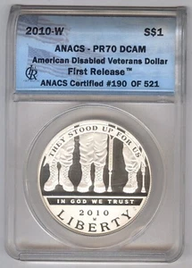 2010-W Disabled Veterans Commemorative Proof Silver Dollar + ANACS + PR 70 DCAM - Picture 1 of 4