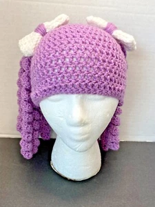 Homemade Crocheted Knit Purple Piggy Tail Toddler Hat  - Picture 1 of 4