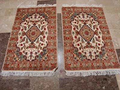 Alfombra de área marfil flor medallón anudada a mano lana seda alfombra par (3,3 x 2,1)' Foto 1 de 4