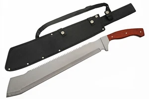 Machete Hoja de cuchilla de acero inoxidable Aserrado inverso Mango de madera Vaina de nylon - Imagen 1 de 6