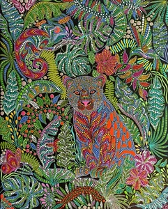 Large Jungle Print on stretched canvas Jaguar Leopard Painting Tropical Animals - Picture 1 of 12