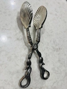 Vintage Godinger Silver Plated Serving Tongs Seahorse & Clam Shell Nautical - Picture 1 of 8