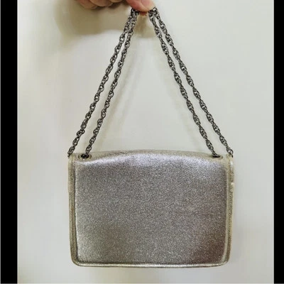 VINTAGE 1960s INGBER SPARKLY SILVER LAME FABRIC EVENING BAG FORMAL METAL CHAIN - Image 1 of 4