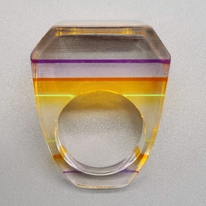 Vtg Yellow Striped Lucite Ring Sz 7 Purple MCM 60s 70s Women's Chunky Cocktail - Picture 1 of 6