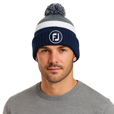FootJoy FJ Golf Pom Pom Knit Beanie Hat Navy White Gray  Winter Cold Weather New - Image 1 of 4