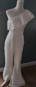 Worn Once MISSGUIDED Cream ONE SHOULDER Frill Lace FLARED Leg JUMPSUIT 10 Abba - Picture 1 of 6