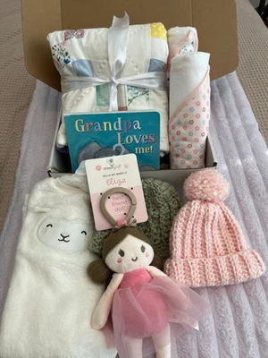 New Baby Gift Box with 8 items( Quilt, Sleeper,Ballerina, Book, 2 Hat, 2 Towels) - Image 1 of 4