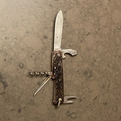 ANCIEN COUTEAU DE POCHE PLIANT multifonction PRADEL imitation BOIS DE CERF - Photo 1/4