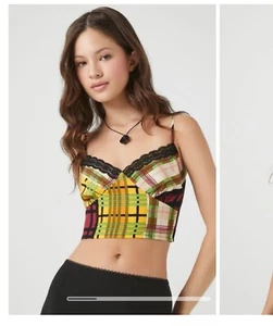 NWT Forever 21 Plaid Tank Cami Crop Adjustable Straps Lace Trim Women’s Size Med - Picture 1 of 7