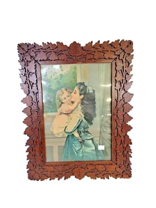 ANTIQUE LEAFY CARVED WALNUT PICTURE FRAME - Picture 1 of 8