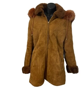 Sheepskin LG Suede Penny Lane Coat Faux Fur Collar Cuff Hood Rust Patches Warm - Picture 1 of 15