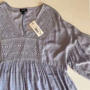 A.N.A blau Boho Schweizer Punkte Bauern fließende Bluse 3/4 Arm Damen Medium Neu mit Etikett - Bild 1 von 7