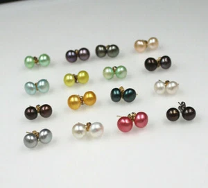 16 Pair 7-8 mm Multi-Colored  Cultured Pearl 18ct Rolled Yellow Gold Stud - Picture 1 of 7