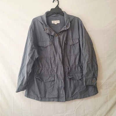 Ava & Viv 连帽 Anorak Sinch 腰部全拉链夹克女式 1X 蓝灰色 — 第 1/4 张图片