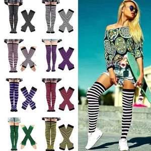 Striped Arm Warmer Knee High Socks Set Gothic Thigh High Boot Socks for Women - Picture 1 of 24