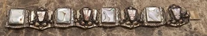 VINTAGE HECHO EN MEXICO CARVED ABALONE MAYAN AZTEC PANEL BRACELET - Picture 1 of 21